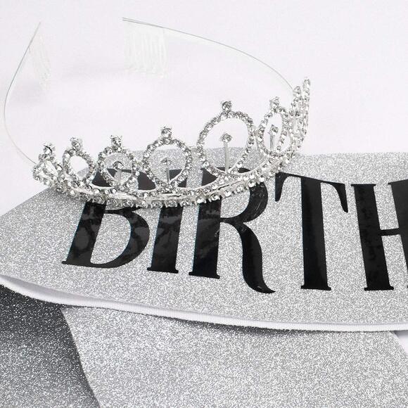 Sliver Birthday Girl Sash & Rhinestone Tiara Set - Picture 3 of 5